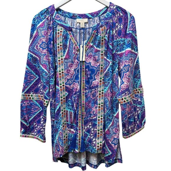 Cupio Boho Peasant Top Size Large Womens Tunic Tee Blouse Blue Paisley NWT - Picture 7 of 10